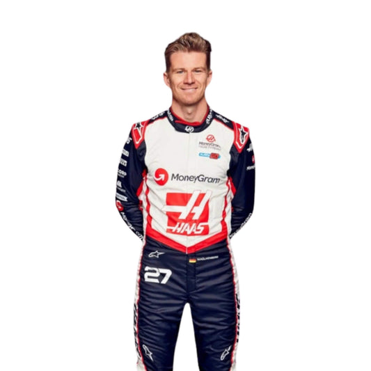 Close-up of Nico Hülkenberg's 2024 F1 race suit, displaying the intricate red, white, and black material with sponsor logos.