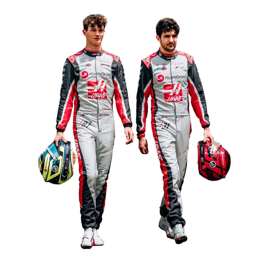 Full view of Esteban And Oliver Two individuals in 2025 candain gp racing suits with helmets on a white background