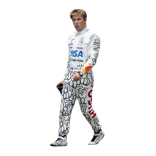 Liam Lawson wearing a white racing suit with various logos on a white background