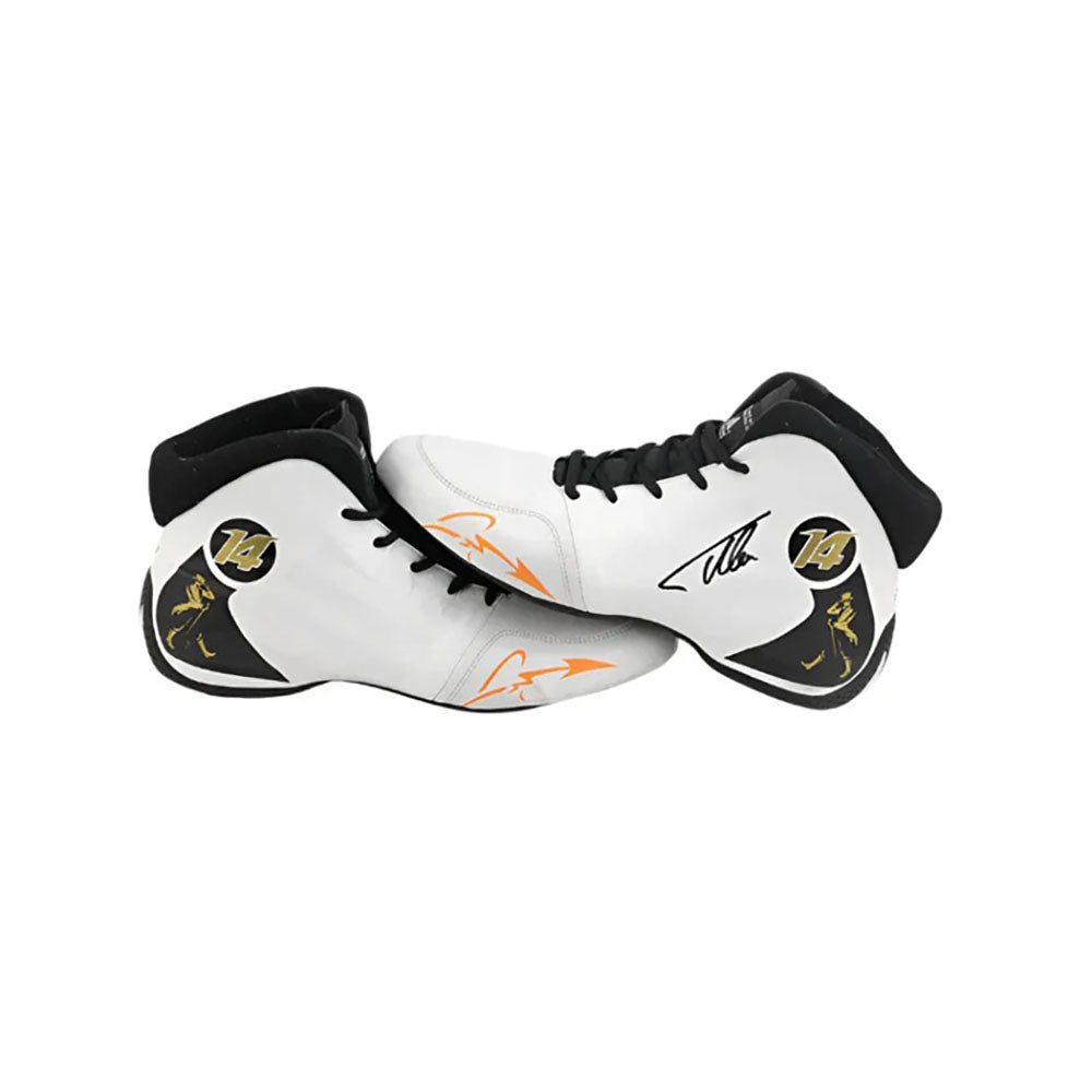 Pair of white high-top Fernando Alonso 2017 F1 Racing Shoes with black and orange accents on a white background