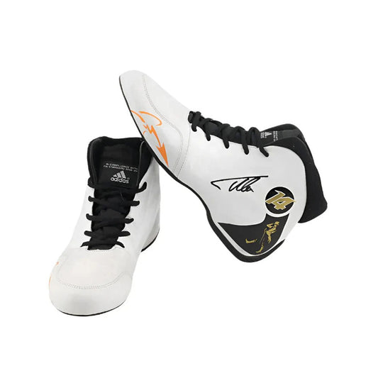 White and black Fernando Alonso 2017 athletic F1 Racing Shoes with branding on a white background