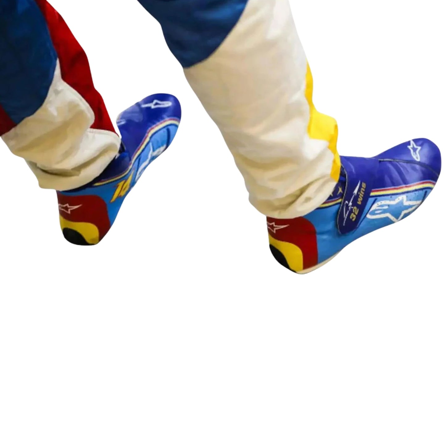 Colorful Fernando Alonso 2018 300 GP Round 7 F1 Racing shoes with brand logos on a white background