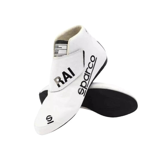 White Kimi Raikkonen 2021 F1 racing shoes with 'Sparco' and 'RAI' branding on a white background