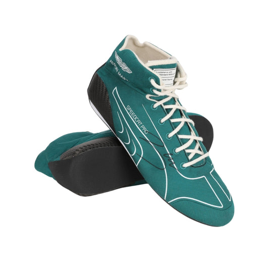 Teal and black Lance Stroll Dutch GP 2022 F1 racing shoes with white laces on a white background