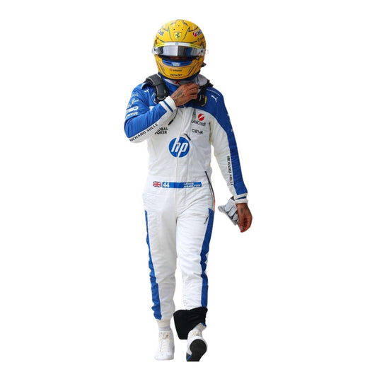 Front view of the 2025 F1 racing suits worn by Lewis Hamilton at the Miami GP, showcasing sleek aerodynamic design with tropical-inspired detailing and precision sponsor placement.