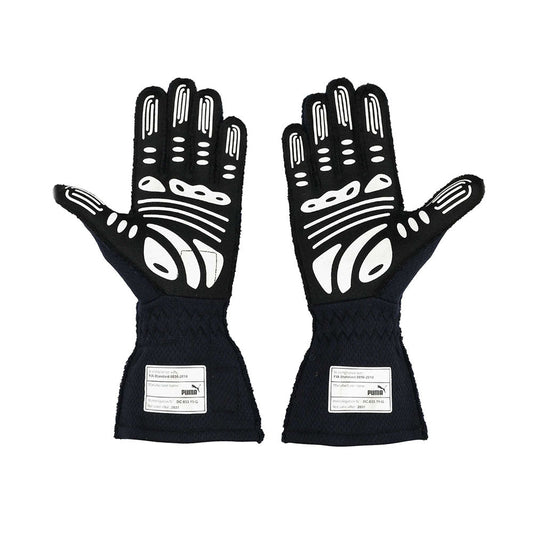 Pair of black Max Verstappen 2021 F1 racing gloves with white patterns on a white background