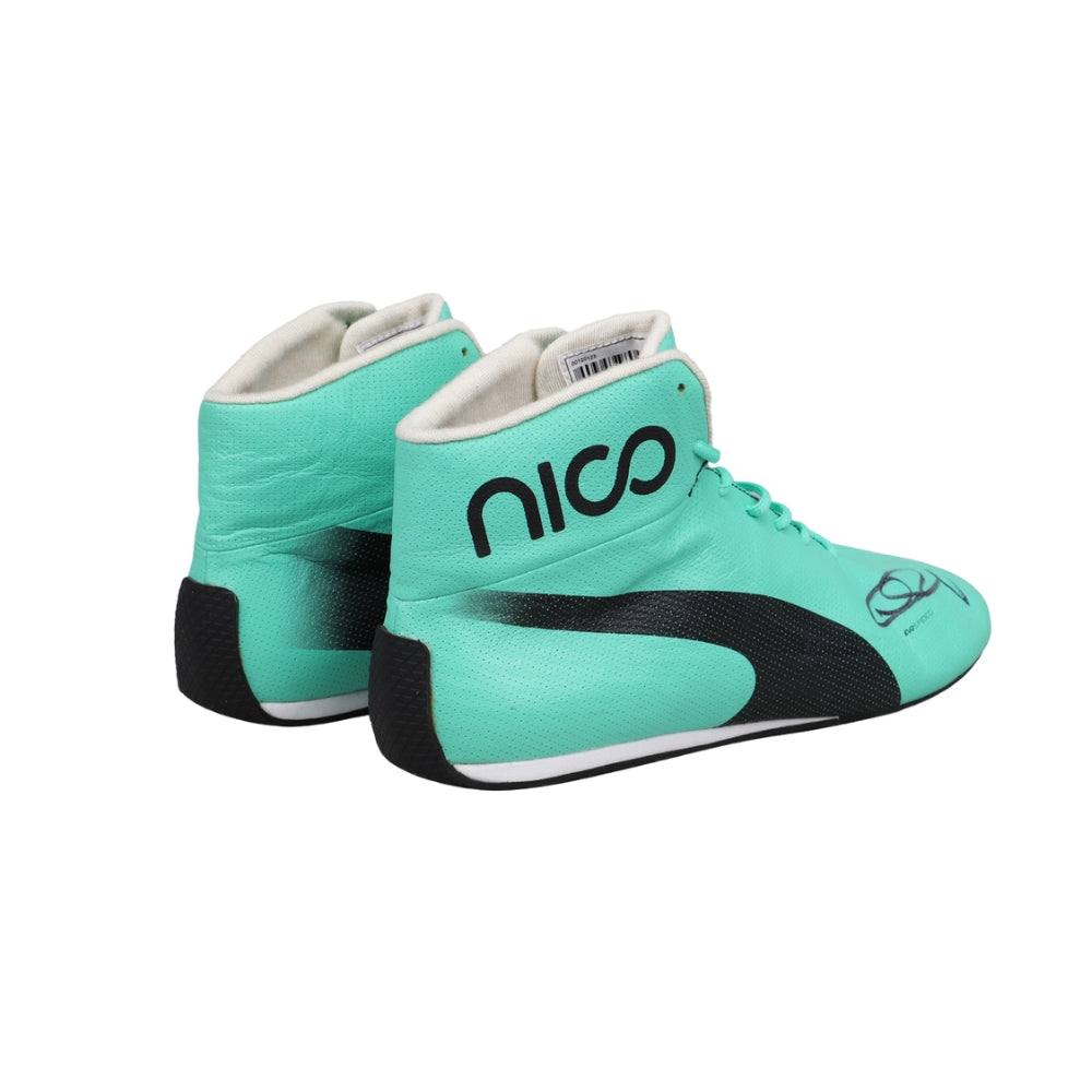Turquoise high-top Nico Rosberg 2017 F1 Racing shoes with black accents and 'nico' branding on a white background