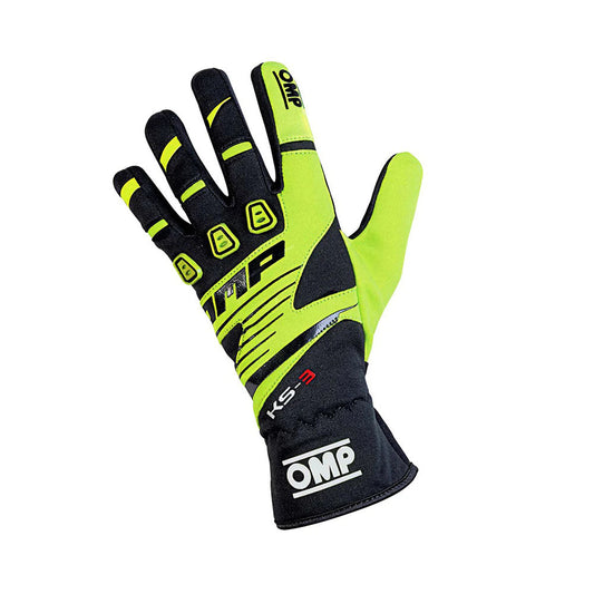 Black and yellow OMP KS-3 Kart racing glove with OMP branding on a white background