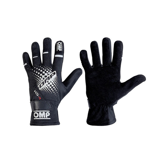 Pair of black OMP KS-4 2022 Youth Kart racing gloves with checkered pattern on a white background