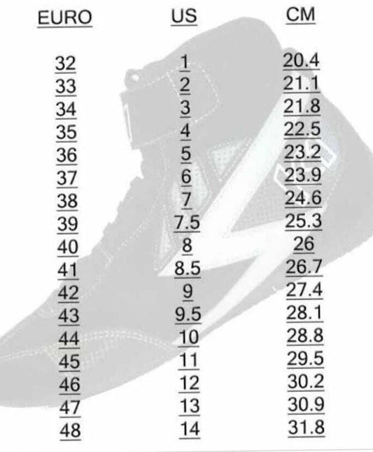 Shoe size chart converting between Euro, US, and CM measurements - Arix Racewear
