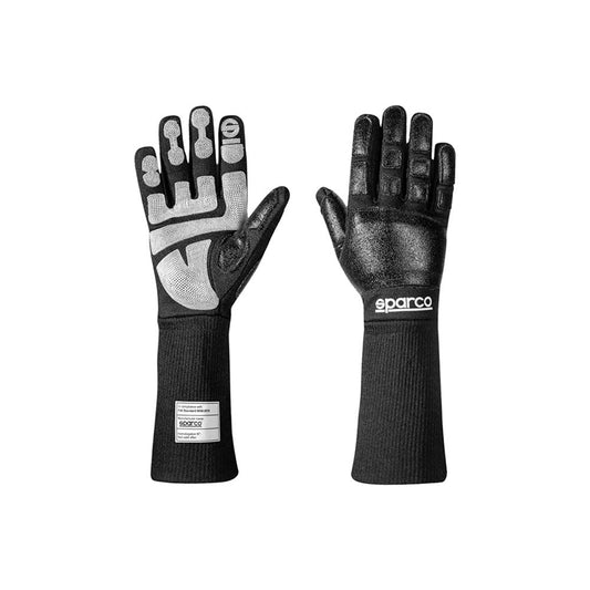 Pair of black Sparco racing gloves on a white background