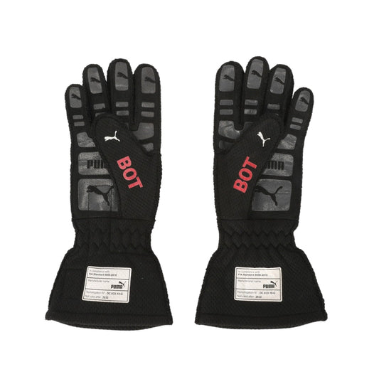 Pair of black Valtteri Bottas 2022 British GP F1 Racing gloves with red 'BOT' text and Puma logo on a white background