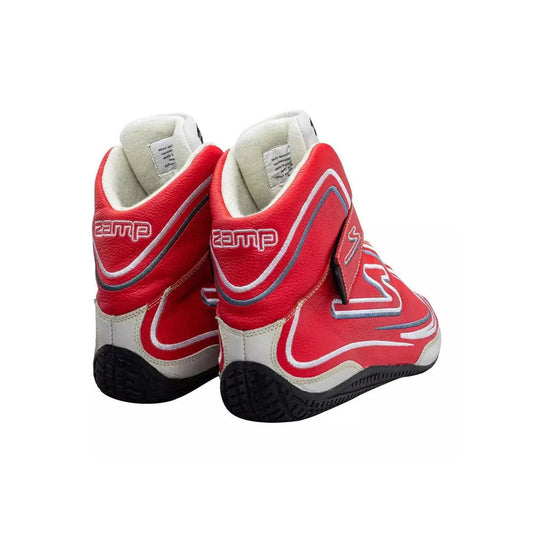 Red and white ZR-50 Kart Racing shoes with 'Zamp' branding on a white background