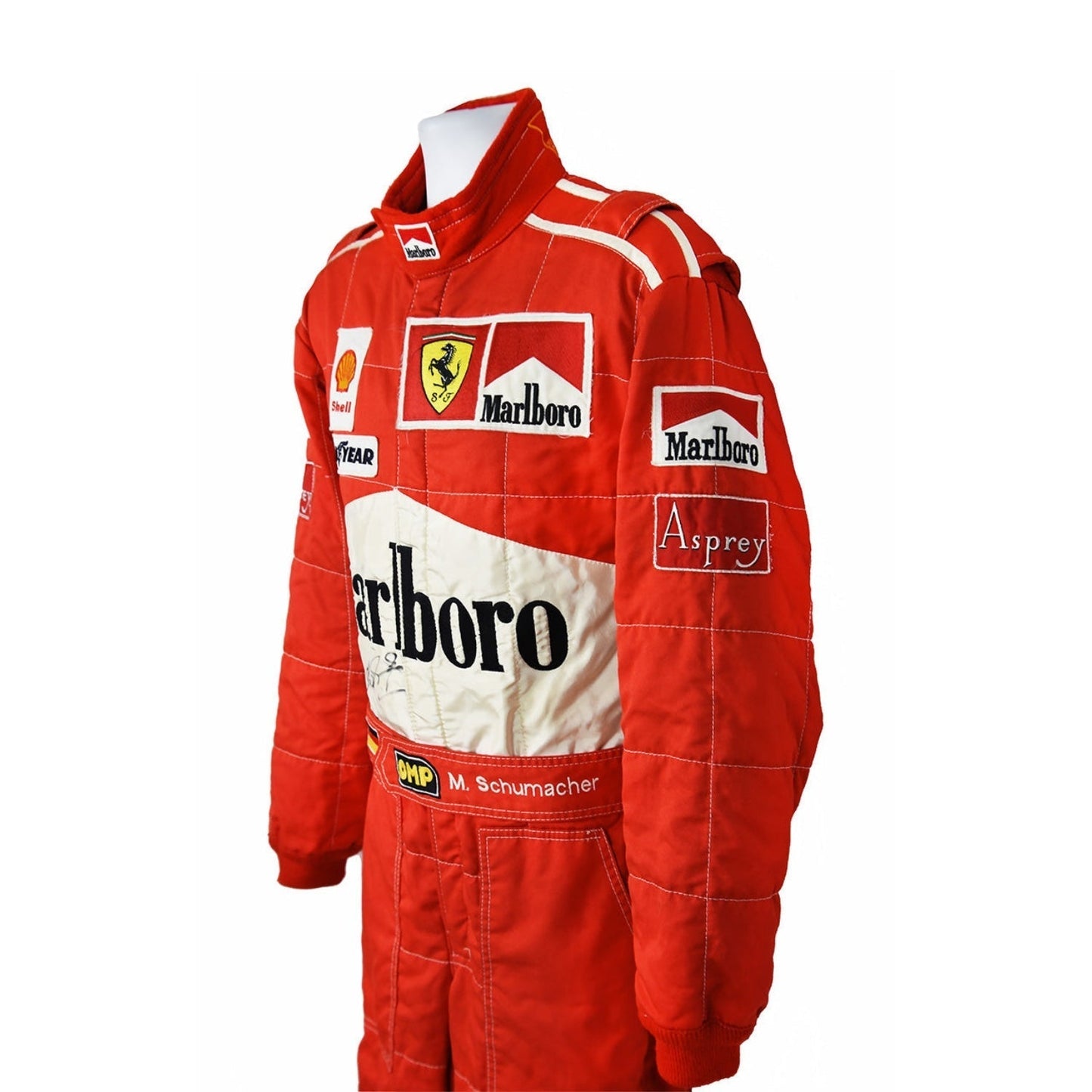 Side profile of Schumacher’s 1997 F1 race suit, focusing on the sharp red and white design with key sponsor logos from his battle for the championship.