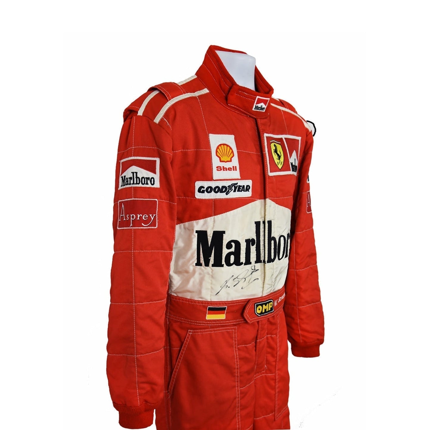 Side profile of Schumacher’s 1997 F1 race suit, focusing on the sharp red and white design with key sponsor logos from his battle for the championship.