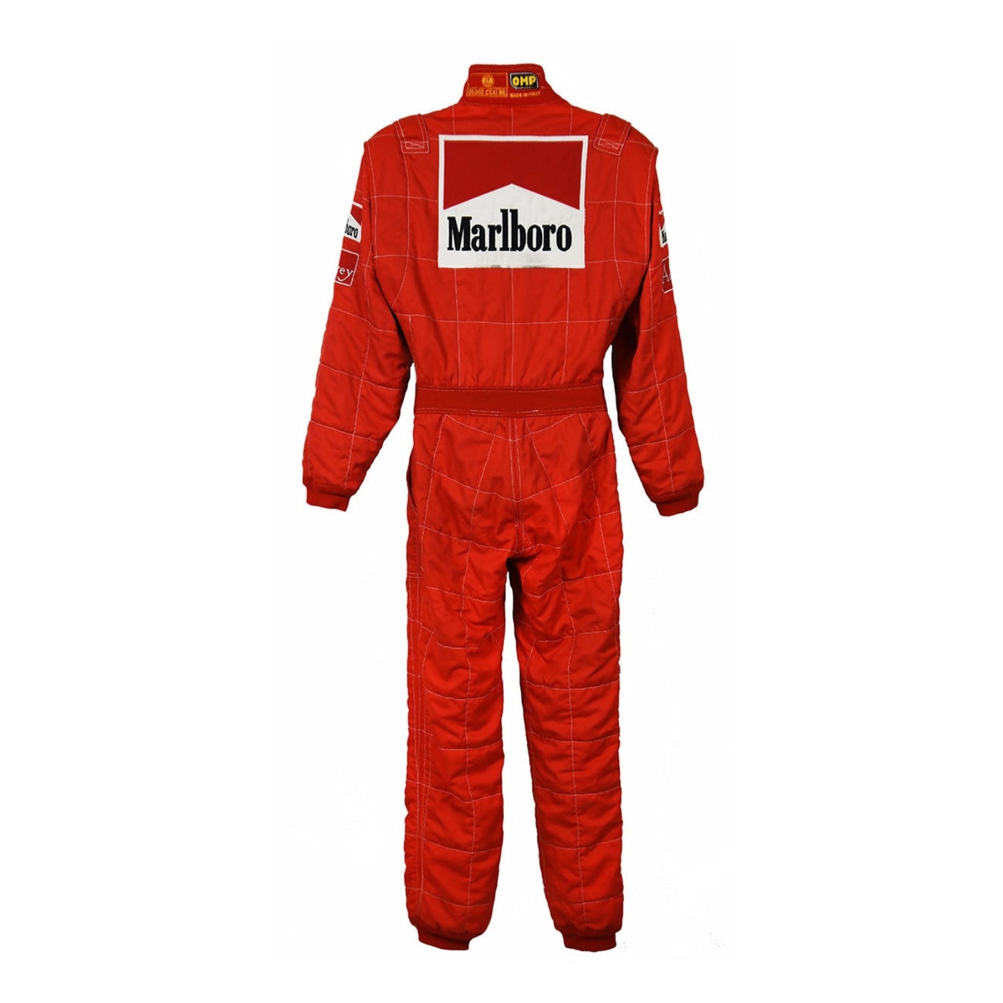 Backside of Schumacher’s 1997 race suit, showcasing red and white tones with sponsor logos that represent his competitive spirit during a hard-fought season.