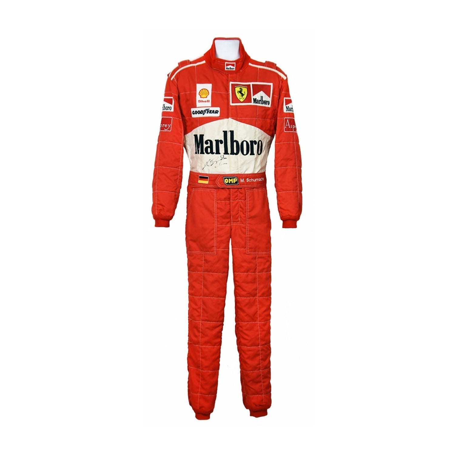 Front view of Michael Schumacher’s 1997 F1 race suit, featuring a bold design with striking red and white details, symbolizing his fierce 1997 championship run.