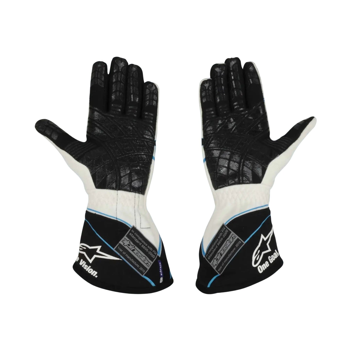 Pair of black and white 2018 James Hinchcliffe Race Worn IndyCar gloves with brand logo on a white background