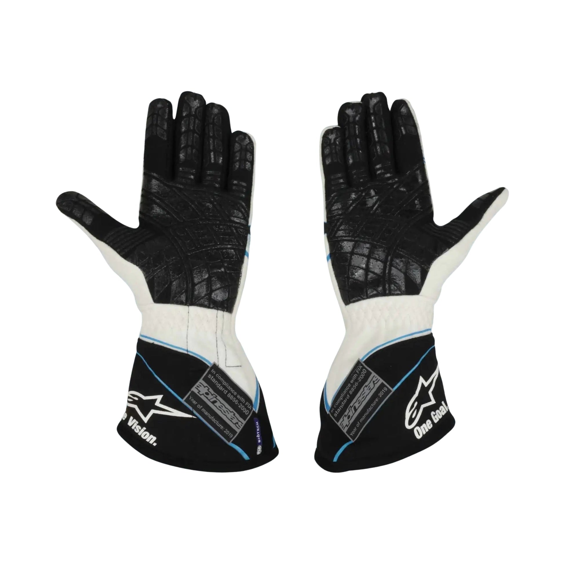 Pair of black and white 2018 James Hinchcliffe Race Worn IndyCar gloves with brand logo on a white background