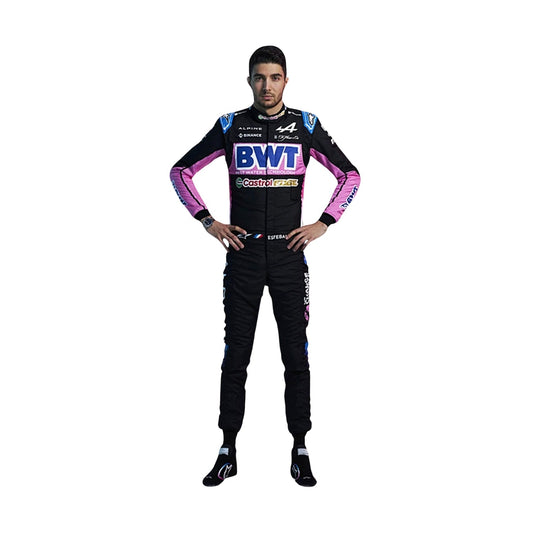 Front view of Esteban Ocon's 2024 F1 racing suit in black with pink and blue accents, showcasing a modern design with sponsor logos.