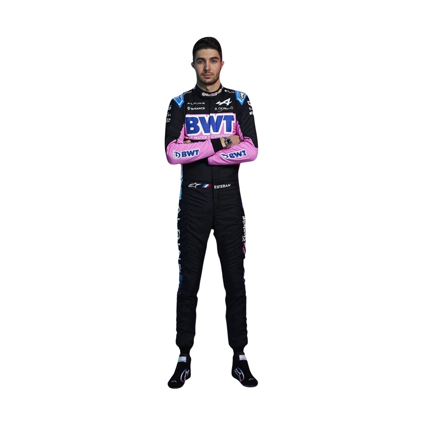 Front view of Esteban Ocon's 2024 F1 racing suit in black with pink and blue accents, showcasing a modern design with sponsor logos.