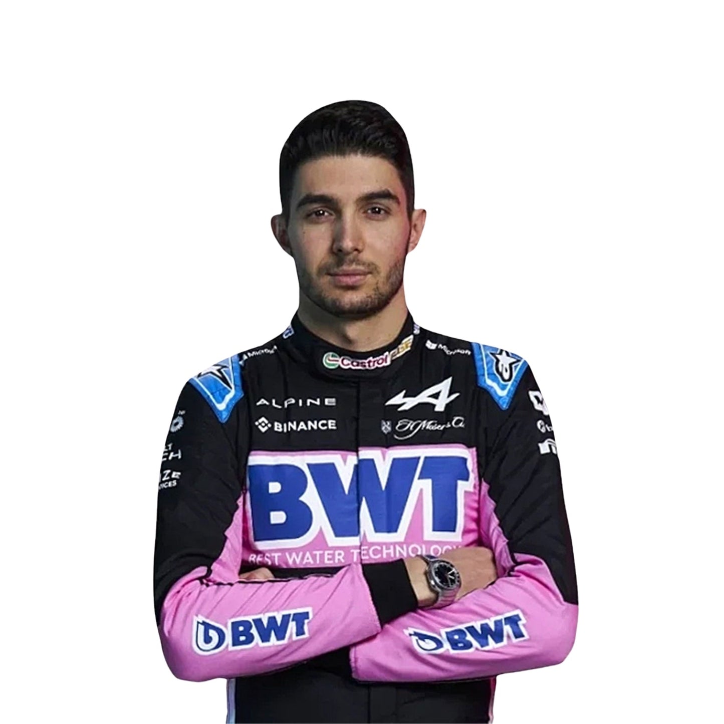 Close-up of Esteban Ocon's 2024 F1 race suit, displaying the intricate black material with pink and blue stitching and sponsor logos.