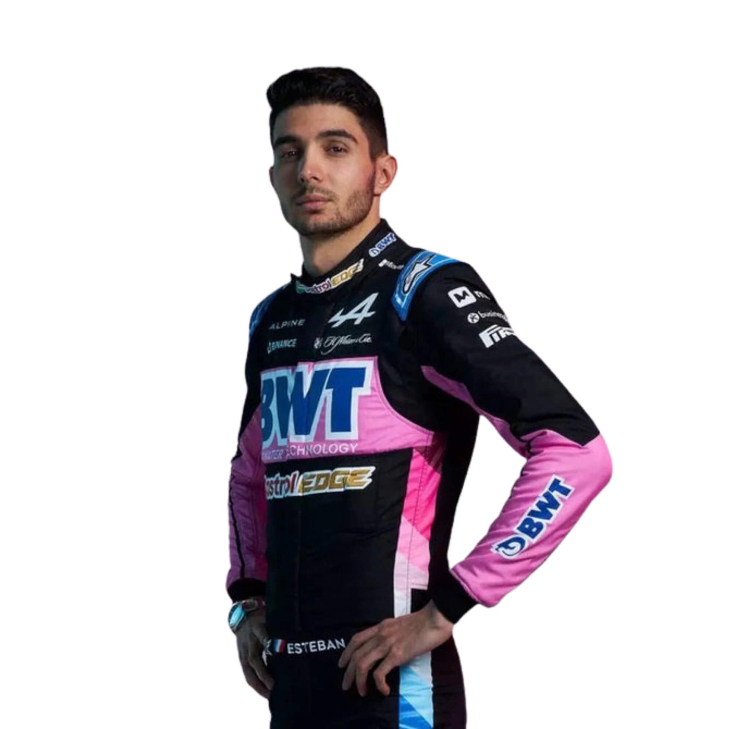 Close-up of Esteban Ocon's 2024 F1 race suit, displaying the intricate black material with pink and blue stitching and sponsor logos.