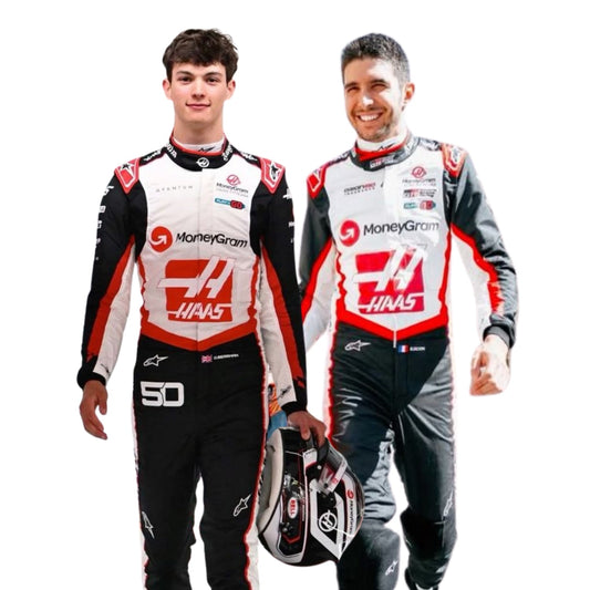 Two individuals wearing racing suits with HAAS and MoneyGram branding on a white background