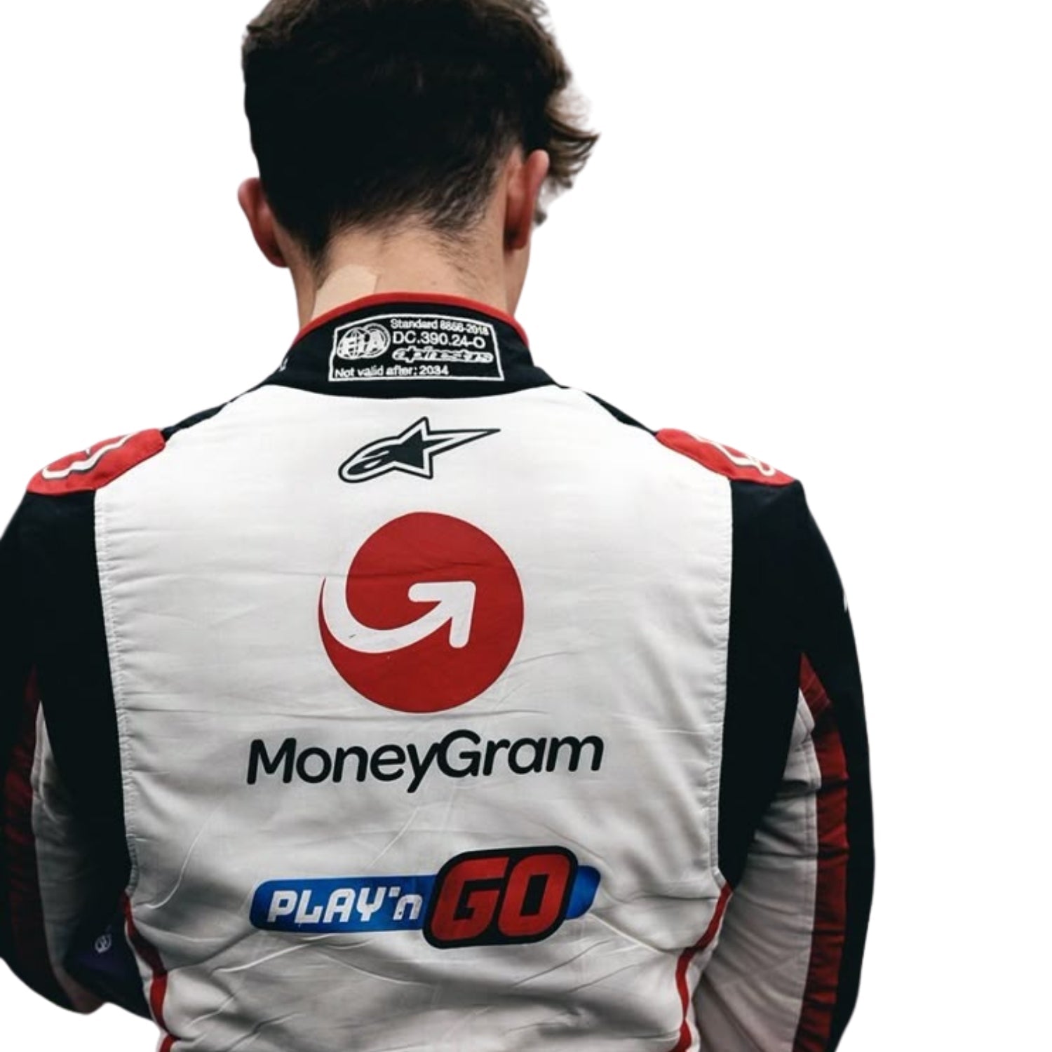 Person wearing a racing suit with MoneyGram and Play'n GO logos on the back