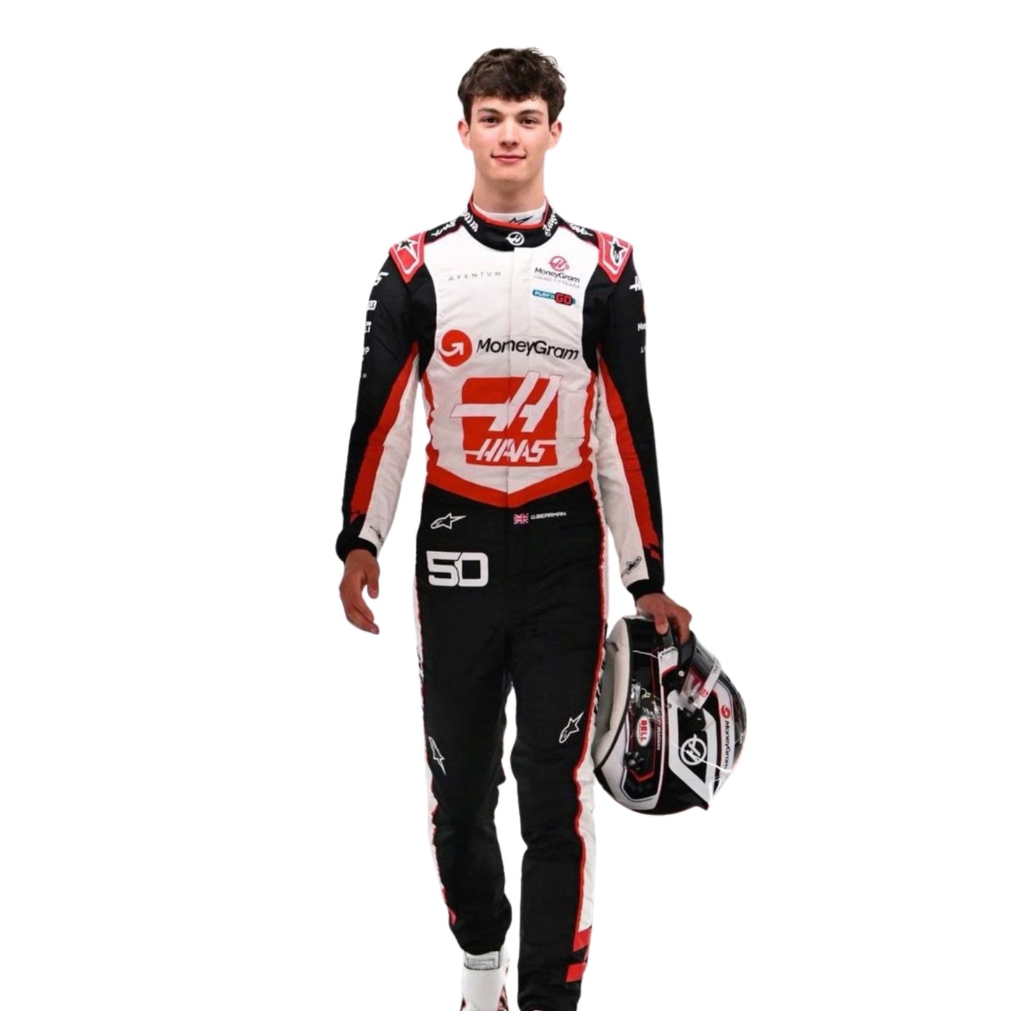 oliver Front full View of wearing a racing suit with visible branding on a white background