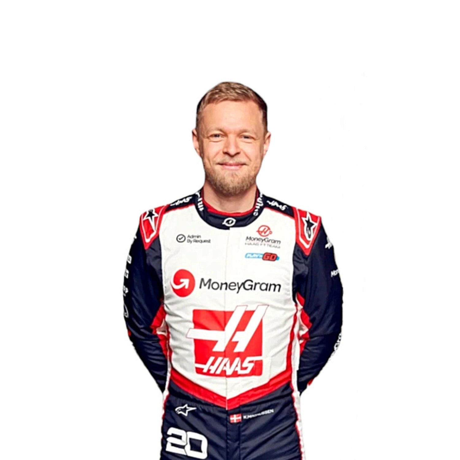 Close-up of Kevin Magnussen's 2024 F1 race suit, displaying the intricate red, white, and black material with sponsor logos.