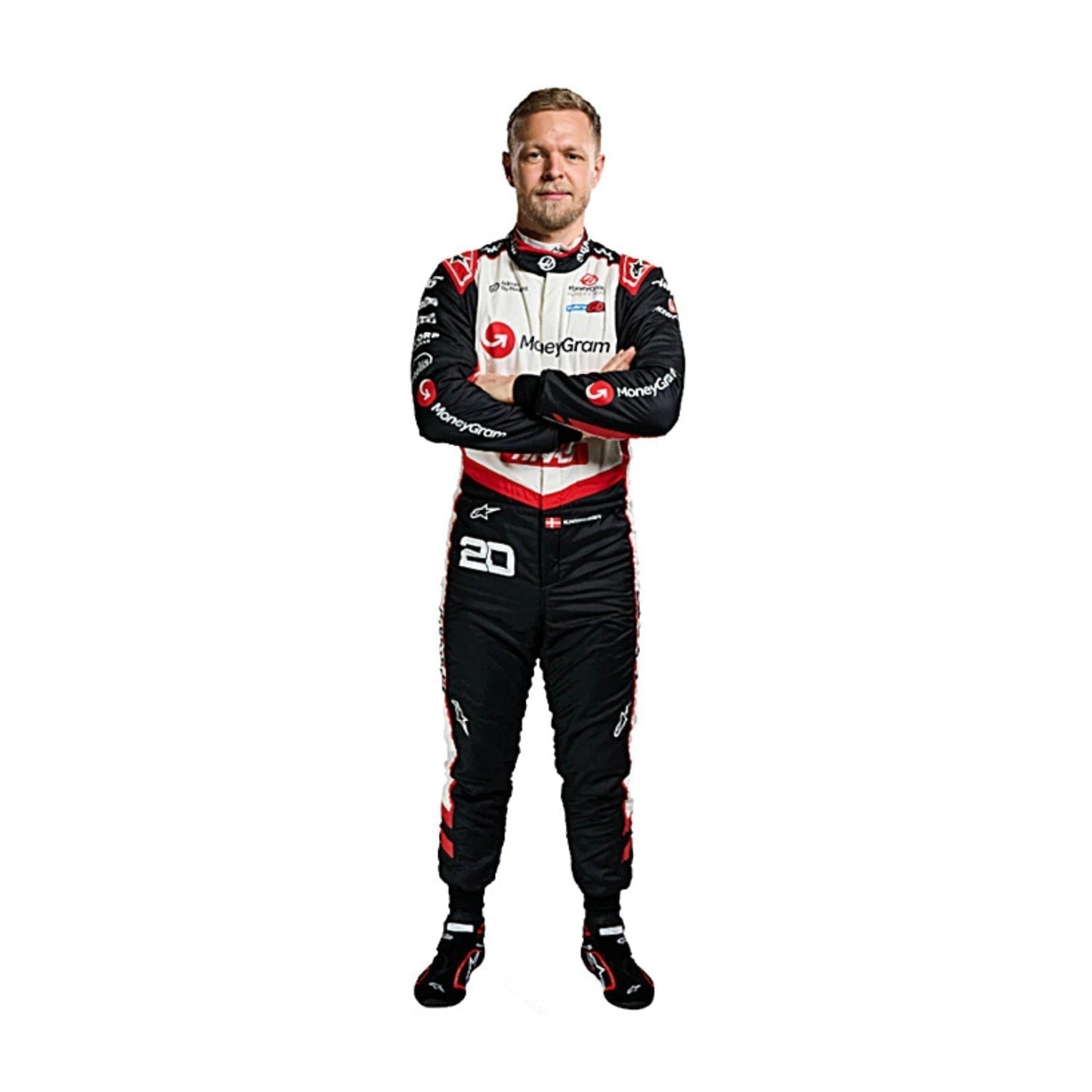 Front view of Kevin Magnussen's 2024 F1 racing suit in red, white, and black, showcasing a modern design with sponsor logos.