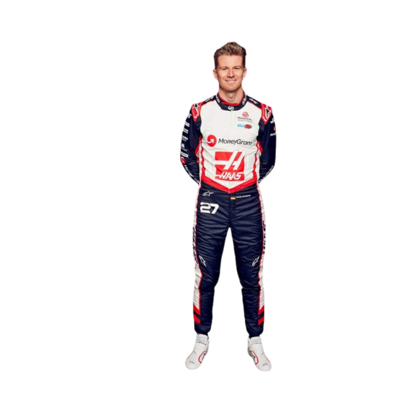 Front view of Nico Hülkenberg's 2024 F1 racing suit in red, white, and black, showcasing a modern design with sponsor logos.