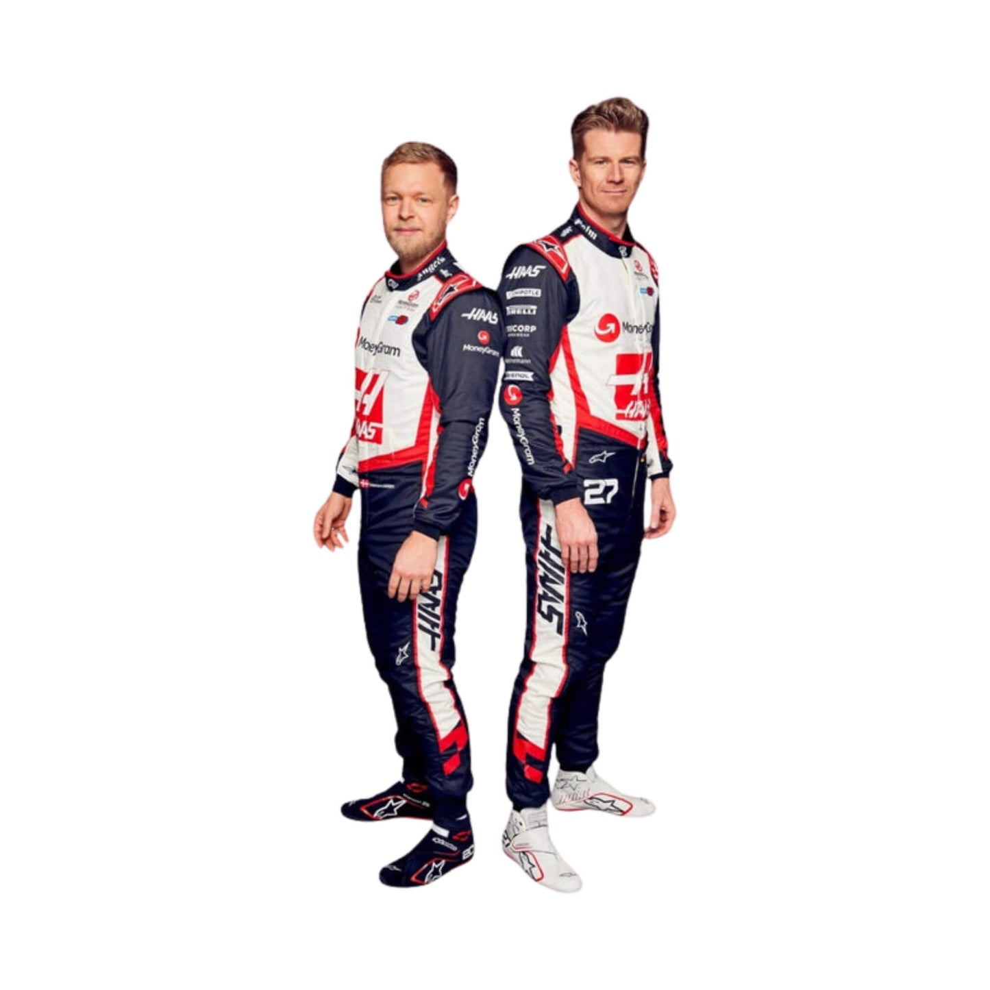 Side profile of Nico Hülkenberg's and Kevin Magnussen 2024 Haas F1 racing suit, highlighting the red, white, and black fabric with sponsor branding.