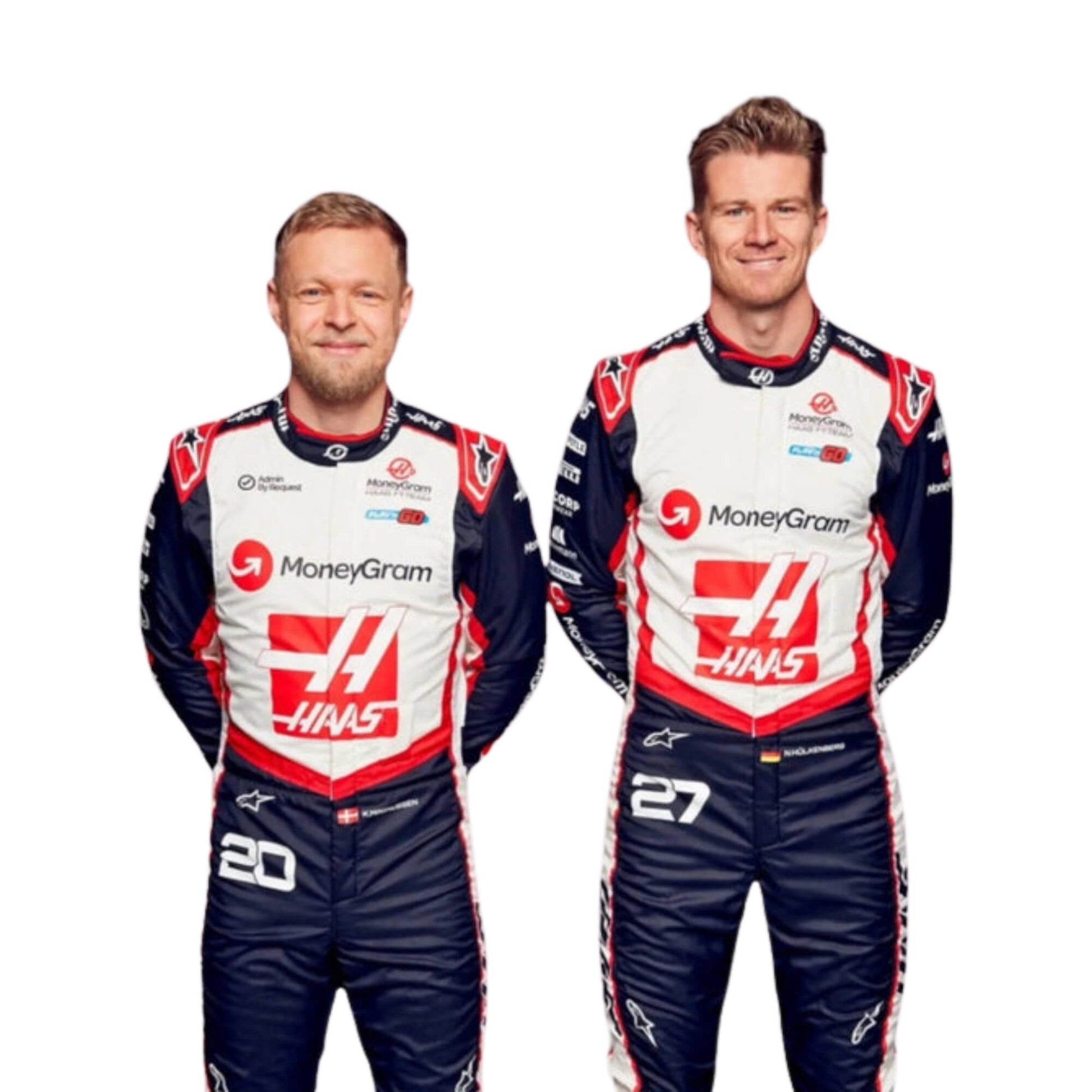 Close-up of Nico Hülkenberg's and Kevin Magnussen 2024 Haas F1 race suit, displaying the intricate red, white, and black material with sponsor logos.