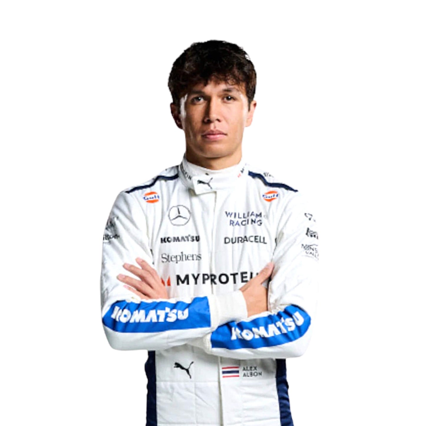 Close-up of the white race suit worn by Alex Albon in 2024, highlighting intricate red and blue accents and finely stitched sponsor logos.