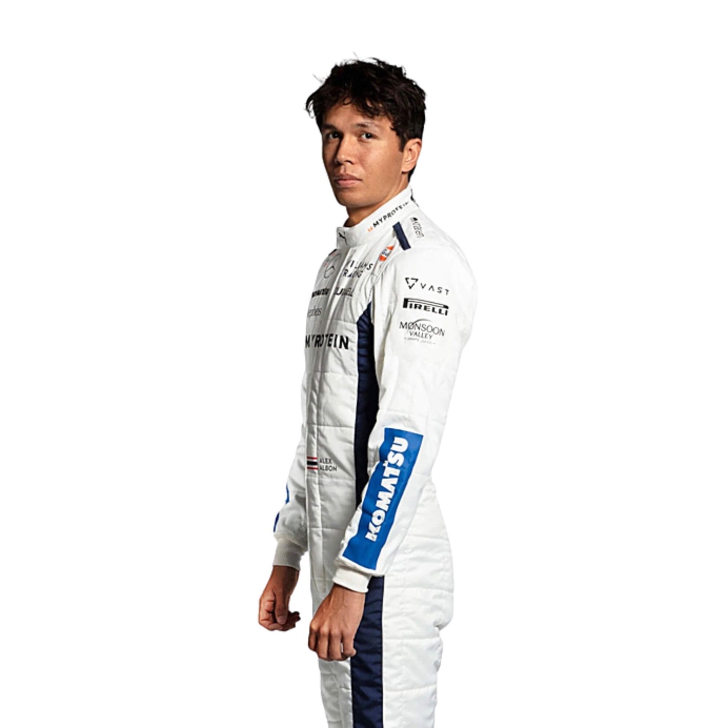 Close-up of the white race suit worn by Alex Albon in 2024, highlighting intricate red and blue accents and finely stitched sponsor logos.