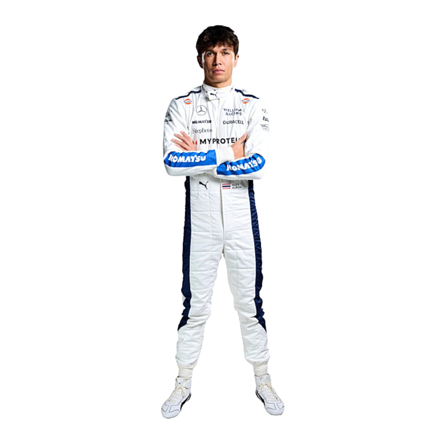 Front view of Alex Albon's 2024 F1 racing suit in white with red and blue accents, showcasing sponsor logos and a modern race-ready design.