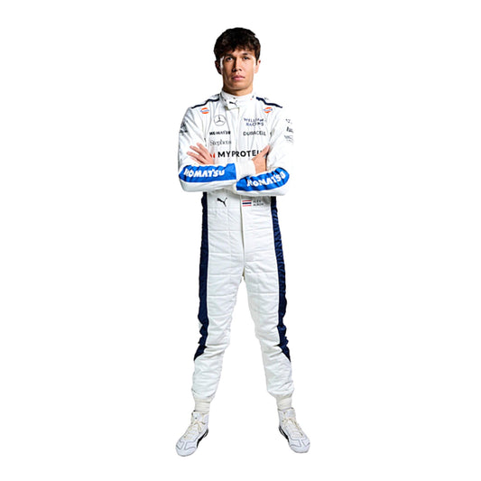 Front view of Alex Albon's 2024 F1 racing suit in white with red and blue accents, showcasing sponsor logos and a modern race-ready design.