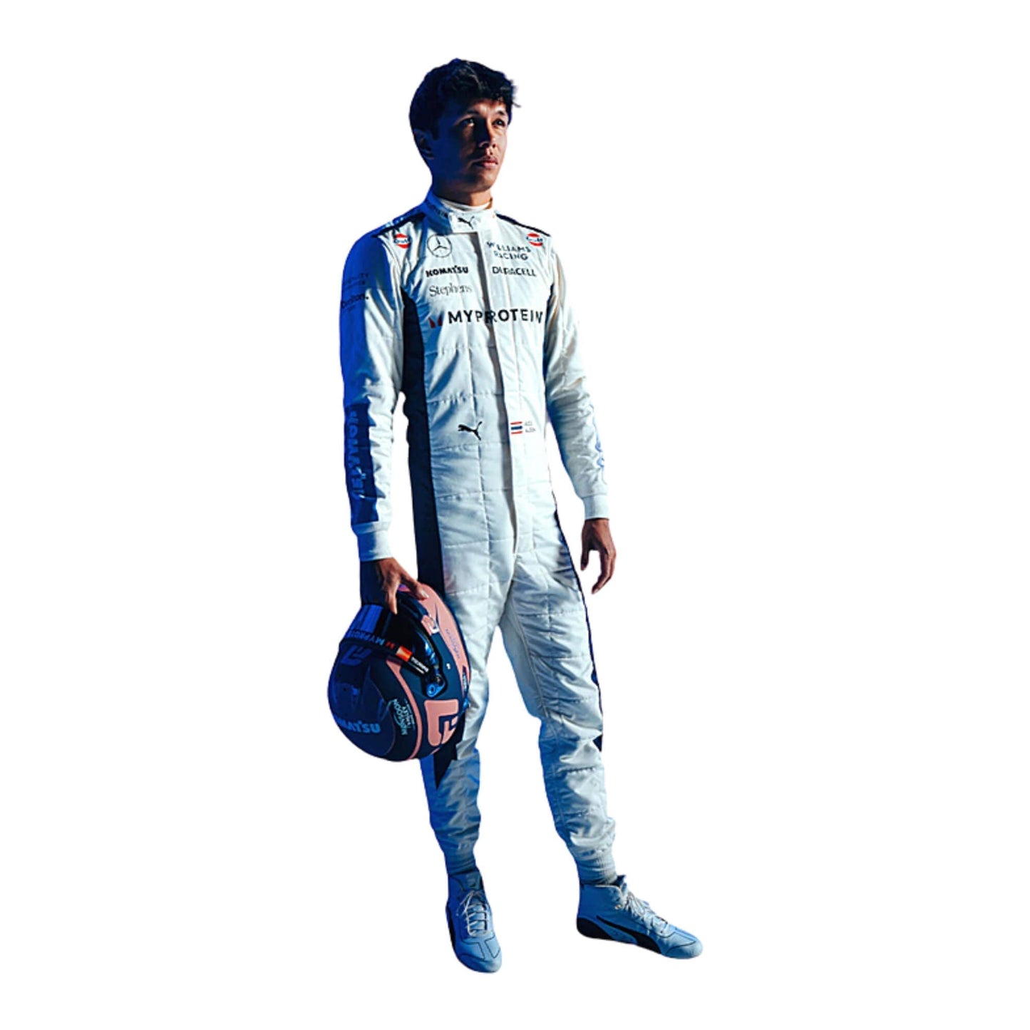 Front view of Alex Albon's 2024 F1 racing suit in white with red and blue accents, showcasing sponsor logos and a modern race-ready design.