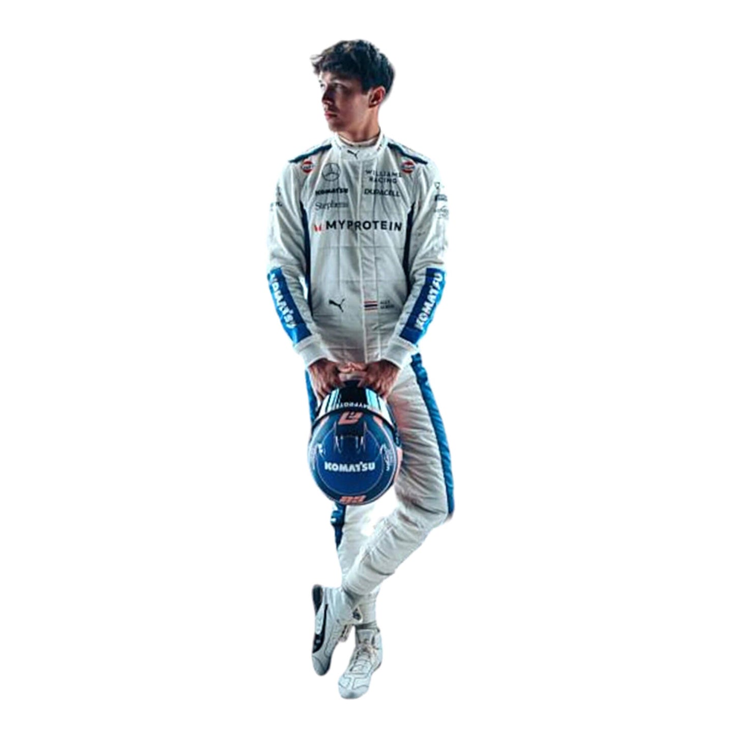 Close-up of the white race suit worn by Alex Albon in 2024, highlighting intricate red and blue accents and finely stitched sponsor logos.