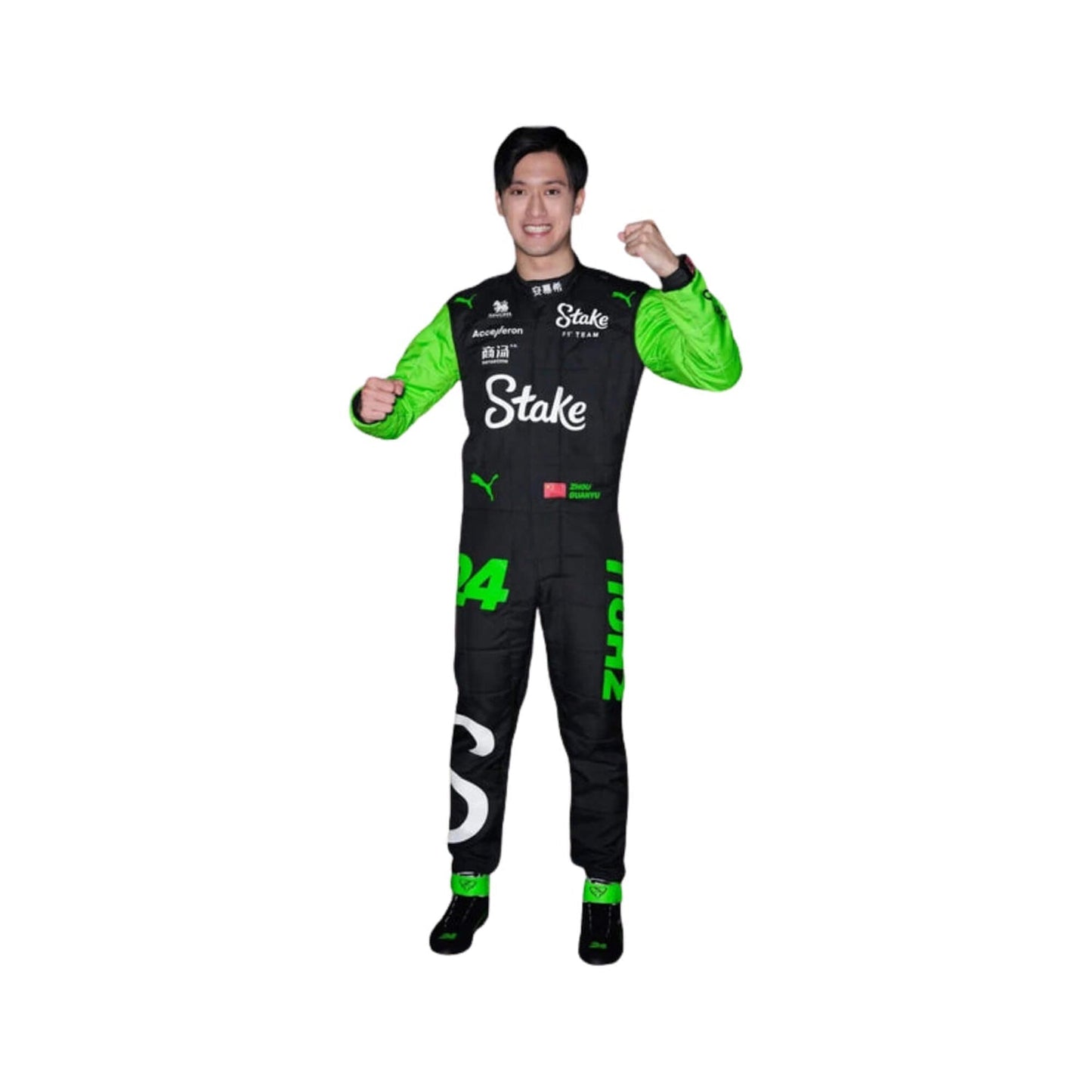 Front view of Zhou Guanyu's 2024 Kick Sauber F1 racing suit in black with neon green sleeves and accents, showcasing a modern design.