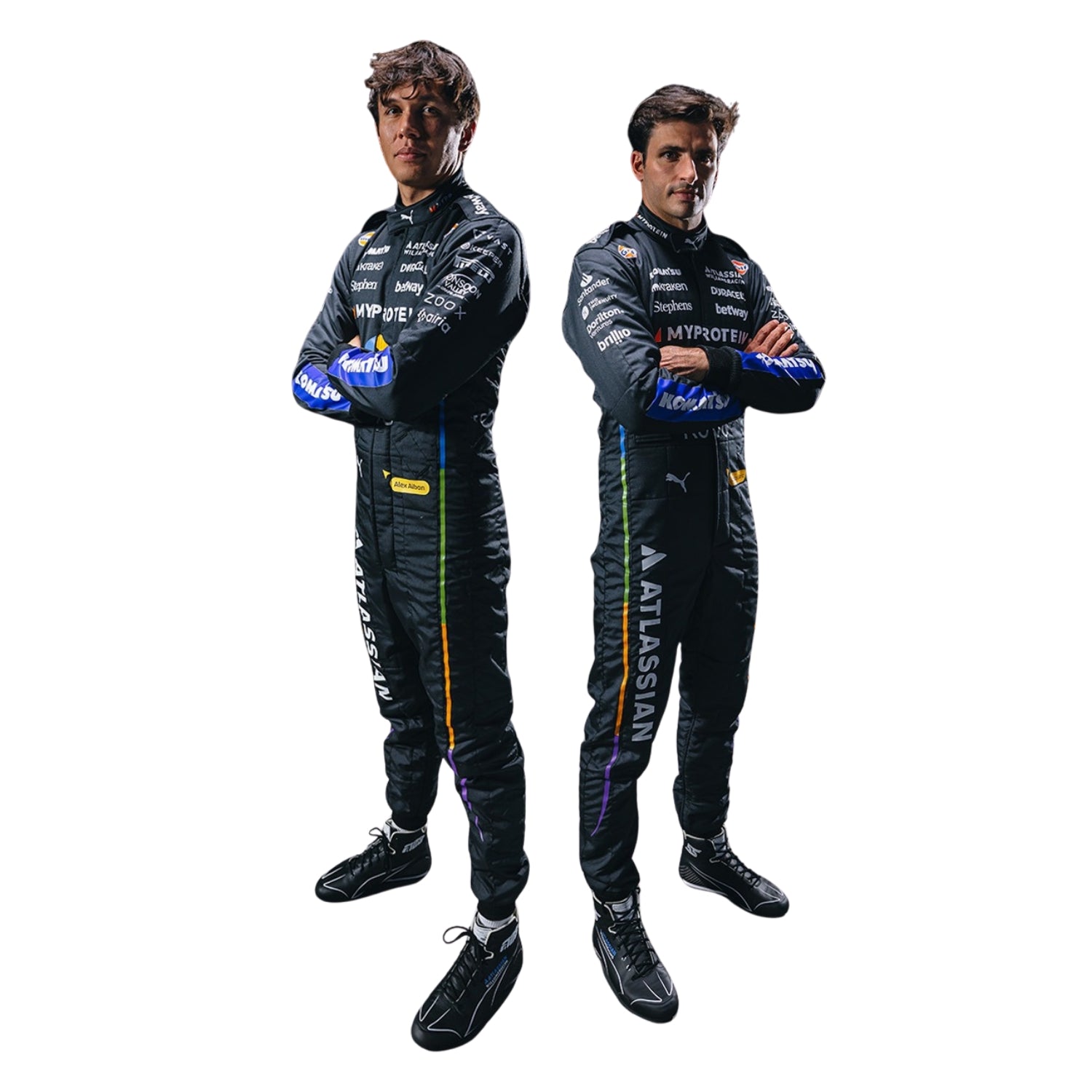 Two Carlos and Alexender individuals wearing black racing suits with sponsor logos on a white background