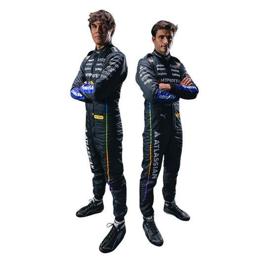 Two Carlos and Alexender individuals wearing black racing suits with sponsor logos on a white background