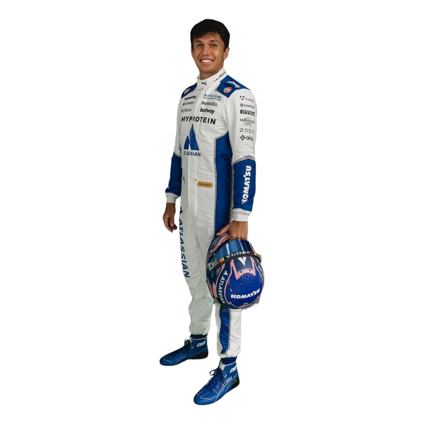 Albon in a 2025 british gp racing suit holding a helmet on a white background