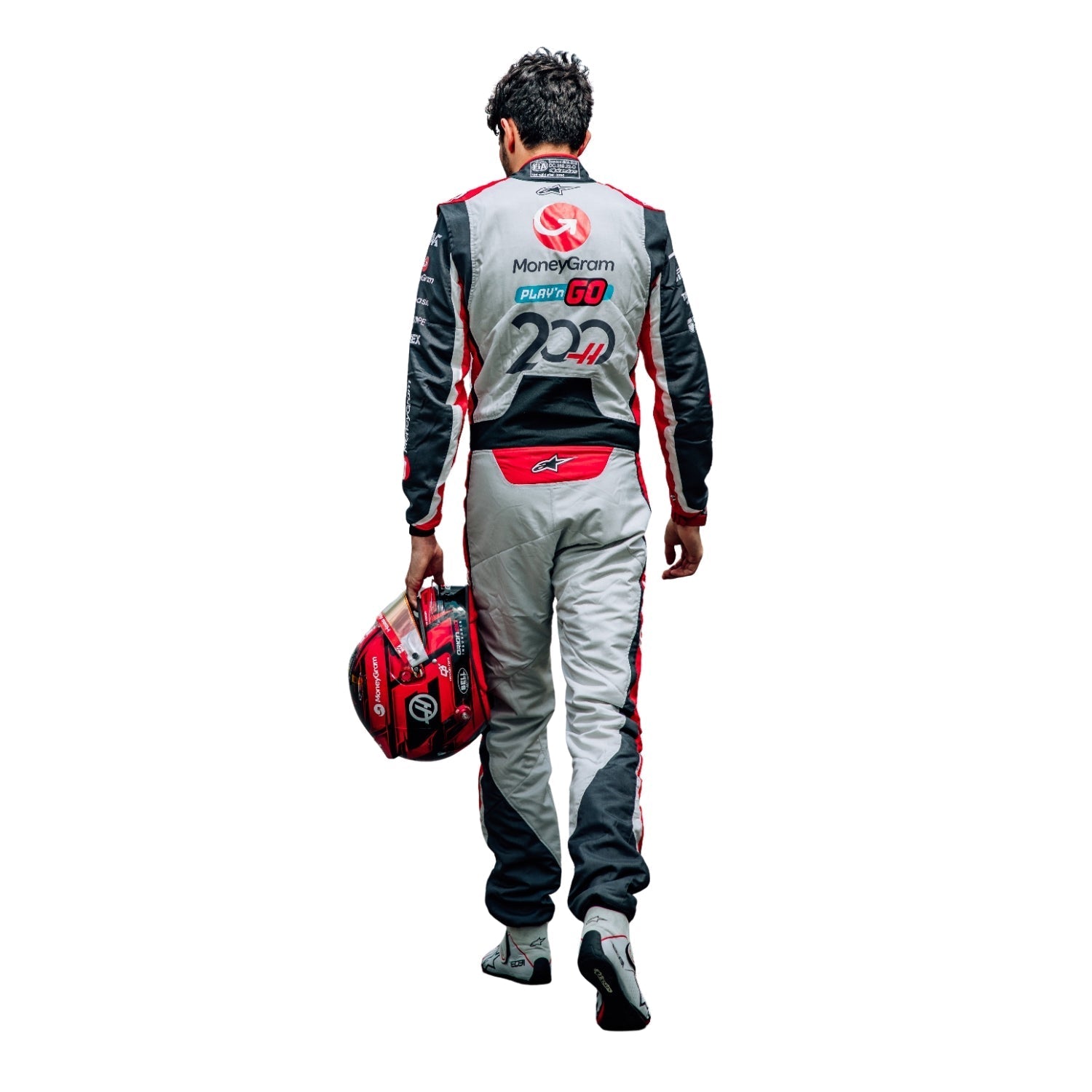 Back View of Esteban Ocon wearing a racing suit with visible branding on a white background