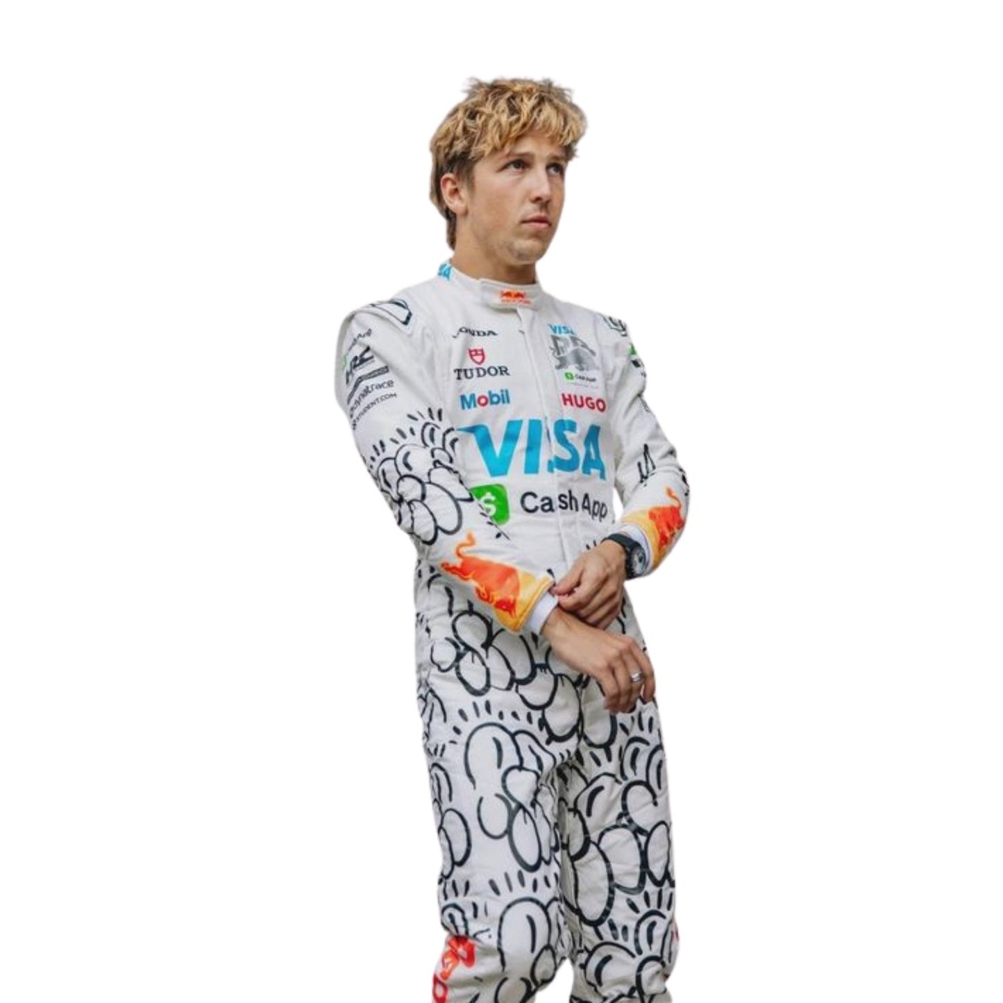 Liam Side Profile wearing a white 2025 British gp racing suit 