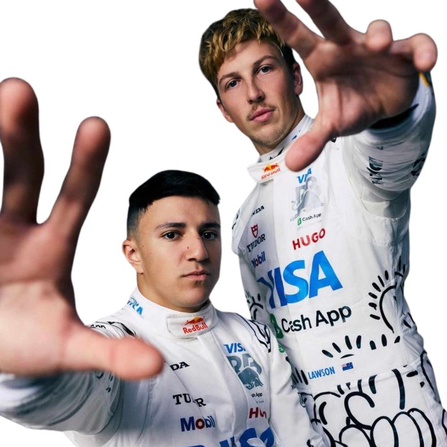 Two individuals Liam and isack Fun Posing wearing racing suits with visible brand logos on a white background