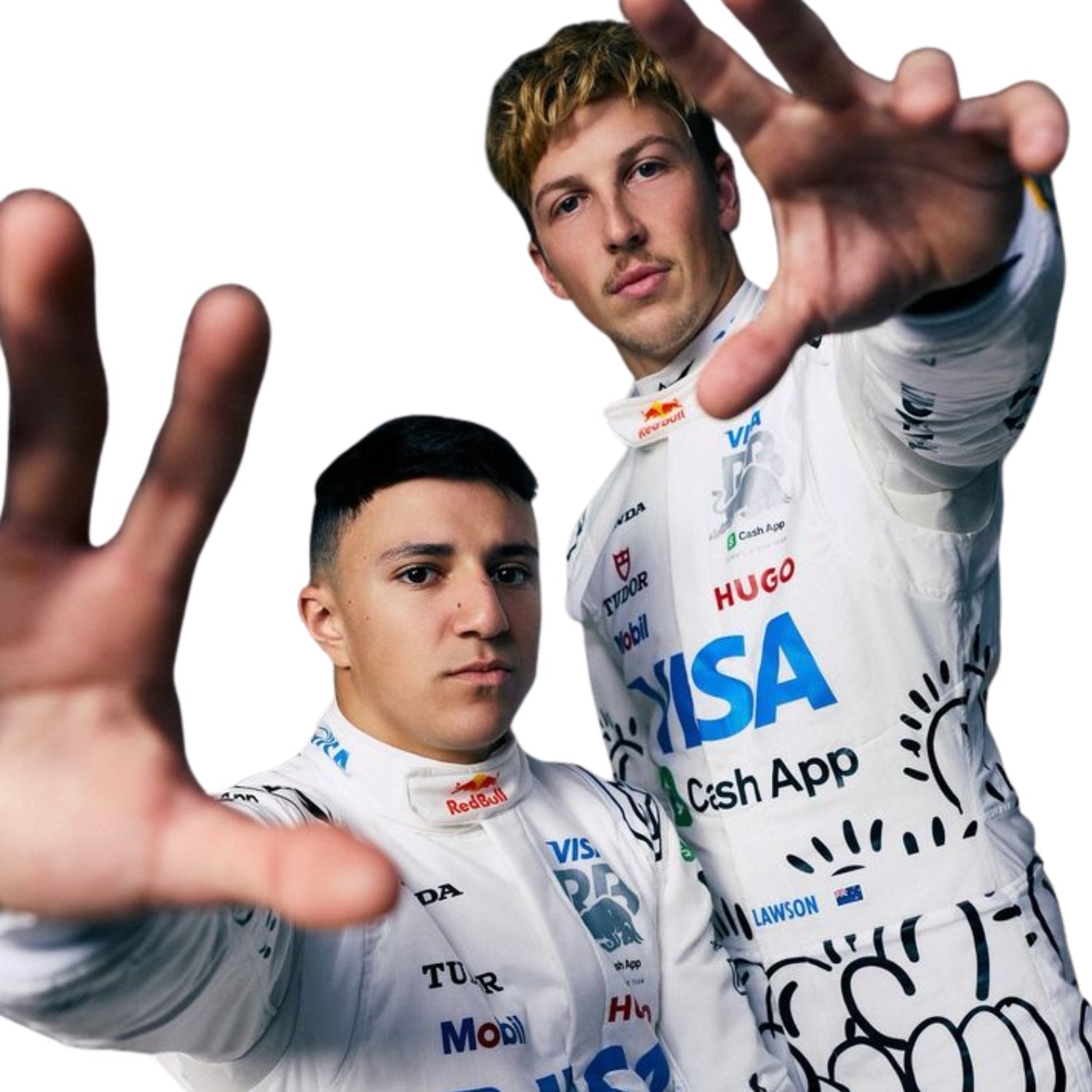 Two individuals Liam and isack Fun Posing wearing racing suits with visible brand logos on a white background