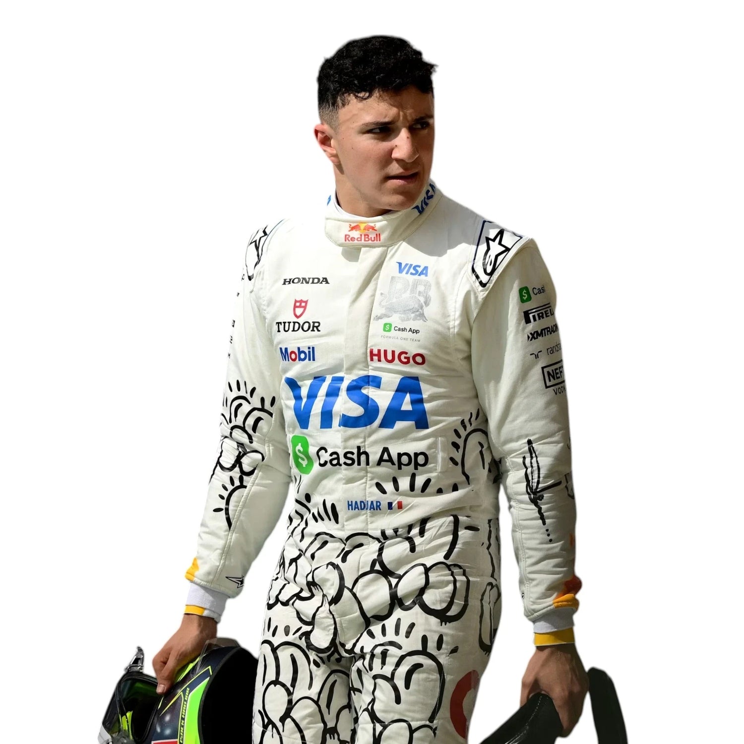 Close Up View of Isack wearing a racing suit with various sponsor logos on a white background